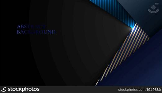 Banner web template 3D abstract black and blue geometric triangle overlapping dimension layer with golden stripes paper cut on dark background. Vector illustration