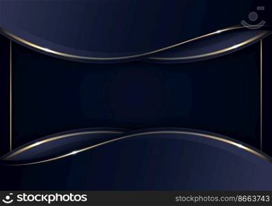 Banner web template abstract blue and golden wave curved lines overlapping layer with gold frame design on dark blue background luxury style. Vector illustration