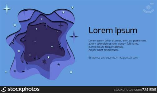 Banner with abstract illustration of night sky with 3d element cut out of paper. Vector template for presentations, banners, flyers and your design.. Banner with abstract illustration of night sky with 3d element cut out of paper.