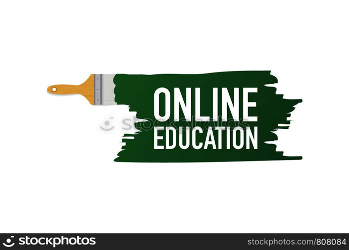 Banner with brushes, paints - Online education. Vector stock illustration.