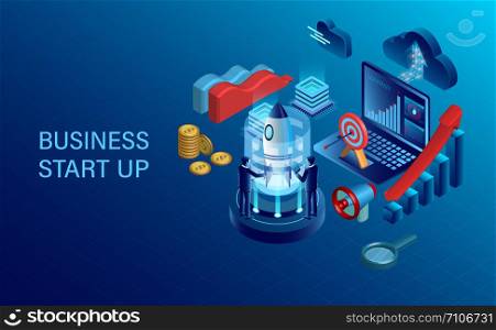 banner with business start up concept. digital marketing. business success goal. isometric. illustration cartoon vector