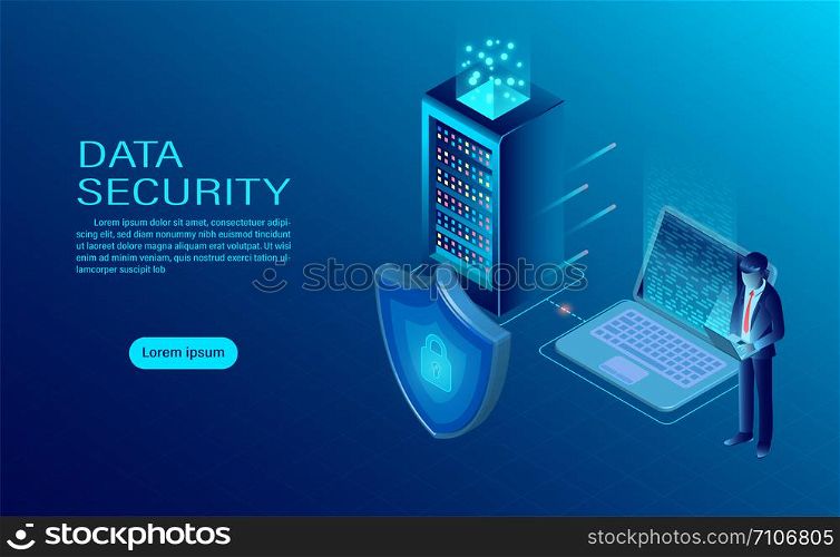 banner with businessman protect data and confidentiality on computer and server. data protection and security are confidential. flat isometric vector illustration