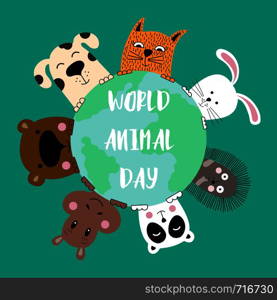 Banner with cat, dog, panda, bear, hippo, rabbit and hedgehog. World animal day. Vector illustration.