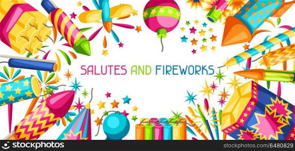 Banner with colorful fireworks. Different types of pyrotechnics, salutes and firecrackers. Banner with colorful fireworks. Different types of pyrotechnics, salutes and firecrackers.