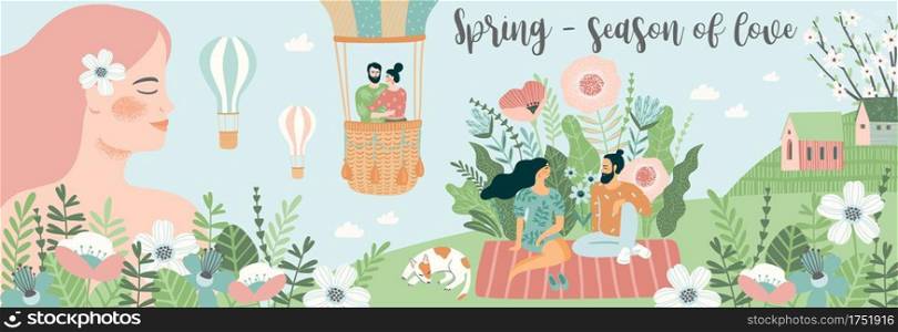 Banner with cute illustrations of people and spring nature. Love, relationships, young people. Vector template.. Banner with cute illustrations of people and spring nature. Love, relationships, young people. Vector