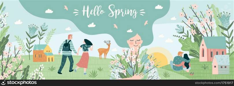Banner with cute illustrations of people and spring nature. Love, relationships, young people. Vector template.. Banner with cute illustrations of people and spring nature. Love, relationships, young people. Vector