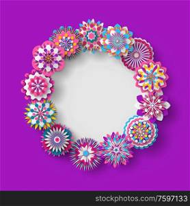 Banner with flowers vector, spring decor isolated card with petals and foliage in bloom, blooming flora decoration of sample with grey area flat style. Floral Decoration Rounded Shape of Frame Banner