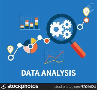 Banner with focused magnifying glass on gear and multicolored pie chart with name Data analysis on blue background. For web construction, mobile applications, banners, corporate brochures, layouts