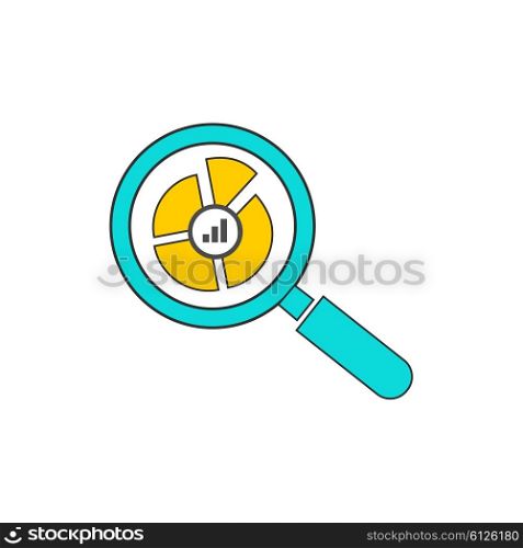 Banner with focused magnifying glass on gear and multicolored pie chart with name Data analysis on white background. For web construction, mobile applications, banners, corporate brochures, layouts