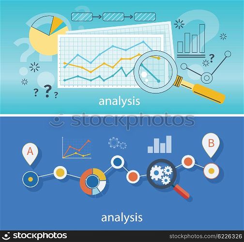 Banner with focused magnifying glass on gear and multicolored pie chart with name Data analysis on blue background. For web construction, mobile applications, banners, corporate brochures, layouts
