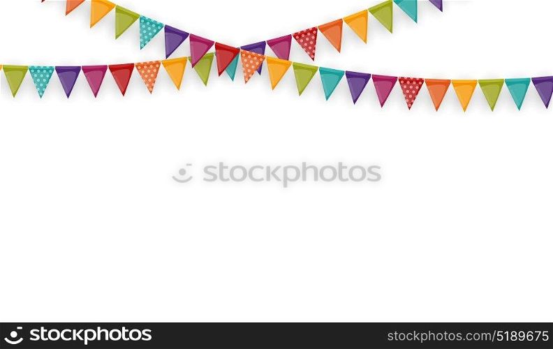 Banner with garland of flags and ribbons. Holiday Party background for birthday party, carnaval isolated on white. Vector Illustration EPS10. Banner with garland of flags and ribbons. Holiday Party background for birthday party, carnaval isolated on white. Vector Illustration
