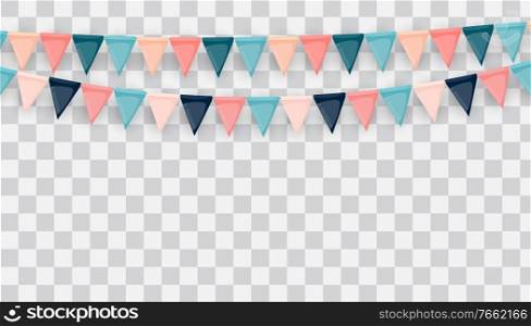 Banner with garland of flags and ribbons. Holiday Party background for birthday party, carnaval isolated on transparent background. Vector Illustration EPS10. Banner with garland of flags and ribbons. Holiday Party background for birthday party, carnaval isolated on transparent background. Vector Illustration