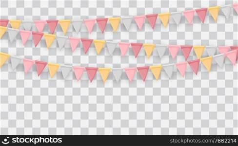 Banner with garland of flags and ribbons. Holiday Party background for birthday party, carnaval isolated on transparent background. Vector Illustration EPS10. Banner with garland of flags and ribbons. Holiday Party background for birthday party, carnaval isolated on transparent background. Vector Illustration