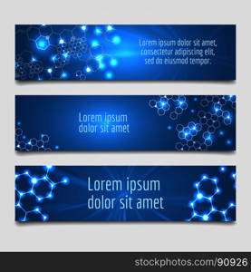 Banner with glowing molecular structure. Banner with glowing molecular structure in blue colors, vector illustration