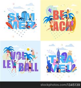 Banner with Huge Letters Set in Summertime Theme. Words Summer, Beach, Volleyball, Travel with Small People Characters Enjoying Vacation, Rest and Traveling. Vector Tropical Flat Illustration. Banner with Huge Letters Set in Summer Time Theme