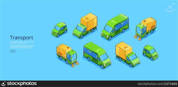 Banner with isometric transport, bus, mini van and car. Vector flat illustration of public passenger vehicles and automobiles. Concept of transportation, city traffic, taxi and travel. Banner with isometric transport, bus, van and car