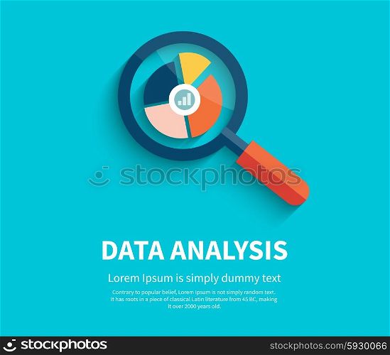 Banner with magnifying glass and multi-colored pie chart with the name Data analysis on blue background. For web construction, mobile applications, banners, corporate brochures, book covers, layouts