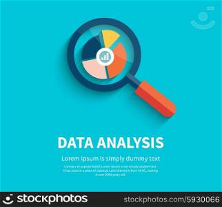 Banner with magnifying glass and multi-colored pie chart with the name Data analysis on blue background. For web construction, mobile applications, banners, corporate brochures, book covers, layouts