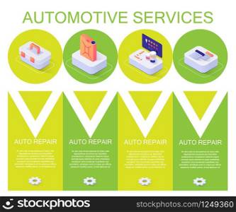 Banner with Offering Automotive Services Description. Template with Isometric Icons of Auto Tools Box, Paints Kit, Tank with Oil or Gasoline and Informative Editable Text. Vector 3d Illustration. Color Banner with Automotive Services Description