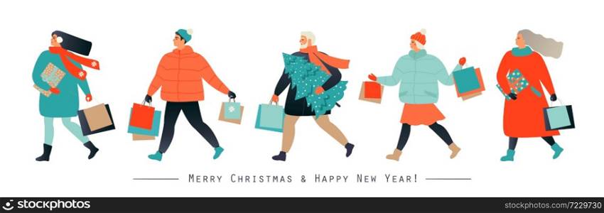 Banner with people hurrying for a great Christmas sale. Men and women are buying gifts. Vector illustration in cartoon style. Banner with people hurrying for a great Christmas sale. Men and women are buying gifts. Vector illustration in cartoon style.