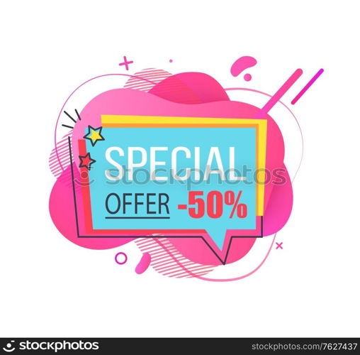 Banner with price reduction vector, 50 percent reduced cost on goods of shop, proposition of store, stars and colorful abstract design flat style. Special Offer 50 Percent Off Price Cut Banner