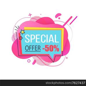 Banner with price reduction vector, 50 percent reduced cost on goods of shop, proposition of store, stars and colorful abstract design flat style. Special Offer 50 Percent Off Price Cut Banner