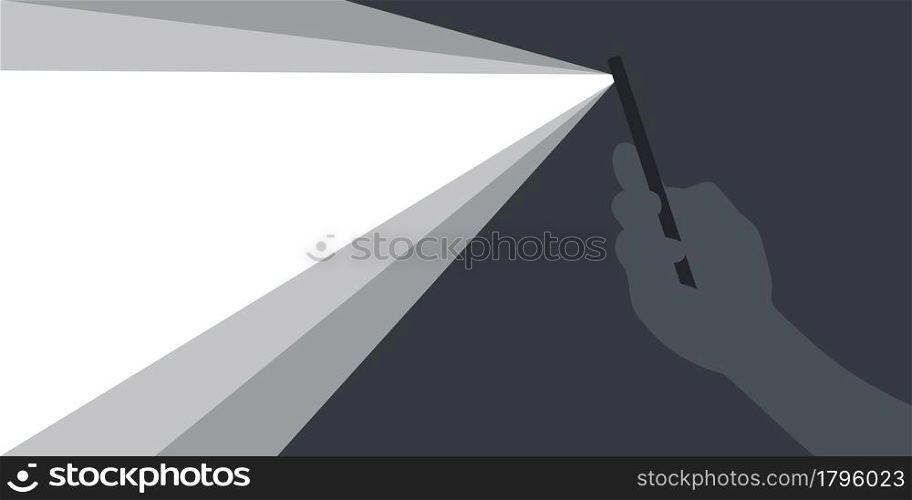 Banner with ray of light. Phone in hand with flashlight on. Background for advertising. Vector illustration
