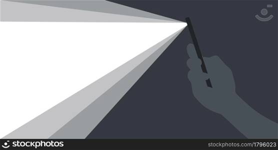 Banner with ray of light. Phone in hand with flashlight on. Background for advertising. Vector illustration