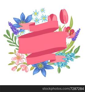 Banner with spring flowers. Beautiful decorative natural plants, buds and leaves.. Banner with spring flowers.