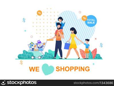 Banner with Text We Love Shopping and Happy Caucasian Family. Vector Cartoon Mother, Father and Children Shopping. Big Sale Promotion. Great Discount Offer. Flat Illustration with Plant Leaves Design. Banner with Text We Love Shopping and Happy Family