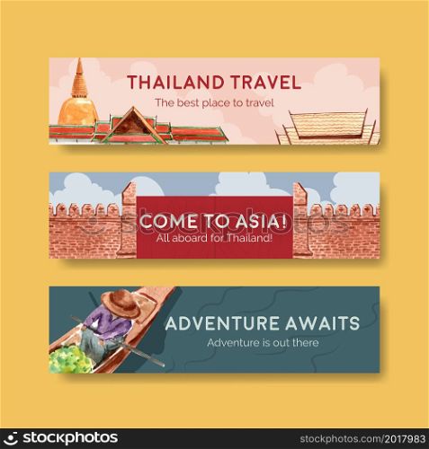 Banner with Thailand travel concept design for advertise and marketing watercolor vector illustration