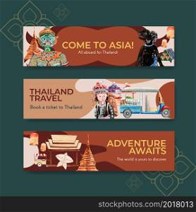 Banner with Thailand travel concept design for advertise and marketing watercolor vector illustration
