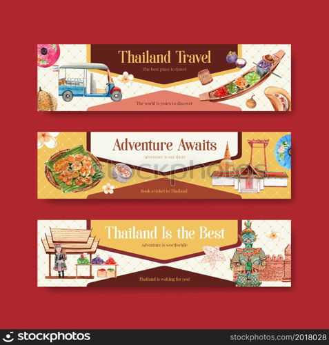 Banner with Thailand travel concept design for advertise and marketing watercolor vector illustration