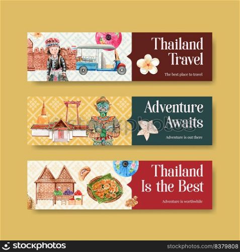 Banner with Thailand travel concept design for advertise and marketing watercolor vector illustration 