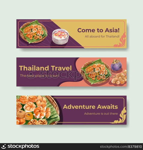 Banner with Thailand travel concept design for advertise and marketing watercolor vector illustration 