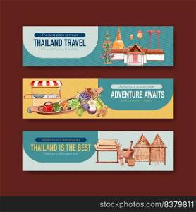 Banner with Thailand travel concept design for advertise and marketing watercolor vector illustration
