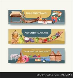 Banner with Thailand travel concept design for advertise and marketing watercolor vector illustration 