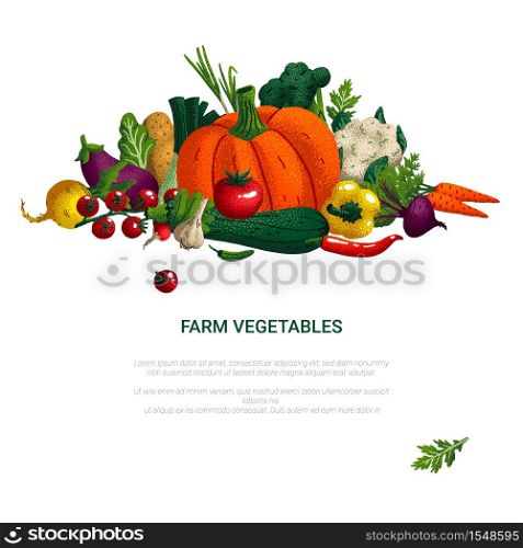 Banner with vegetables. Concept healthy food, farm vegetables. Variety of decorative vegetables with grain texture isolated on white. Vector illustration. Banner with vegetables. Concept healthy food, farm vegetables. Variety of decorative vegetables with grain texture isolated on white. Vector illustration.