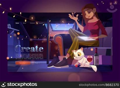Banner with woman artist on attic at night. Girl painter sit on sofa and draw. Vector landing page of creative work and hobby with cartoon illustration of mansard cozy interior, woman with pen and cat. Banner with woman artist on attic at night