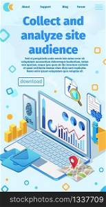 Banner Written Collect and Analyze Site Audience. Foreground Laptop on Screen with Chart and User Growth Rate. Electronic Device Reads Data Geographic Data Location, Address, Region, Country.. Banner Written Collect and Analyze Site Audience.