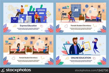 Banner Written Express Education, Online Education. Female Student Dormitory. Guys Sit Boxes with Inscriptions and Study Accelerated Program. Man from Laptop Screen Shows Diploma to Student.