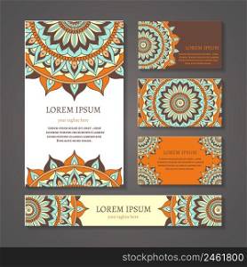 Banners and business cards with arabic or indian round pattern. Mandala design, symbol blank, flower decoration, ethnic tribal asian, vector illustration. Banners and business cards with arabic or indian round pattern