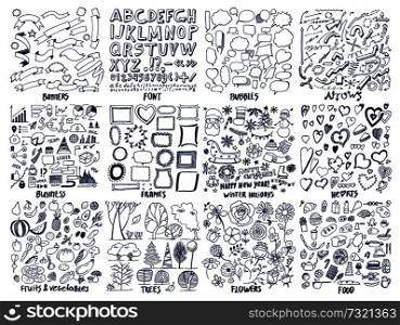 Banners and fonts, bubbles and frames, business and trees, winter holidays and food, hearts and flowers, fruits and vegetables vector illustration. Banners and Fonts, Bubbles Vector Illustration