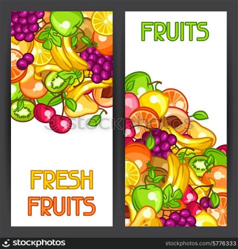 Banners design with stylized fresh ripe fruits.. Banners design with stylized fresh ripe fruits