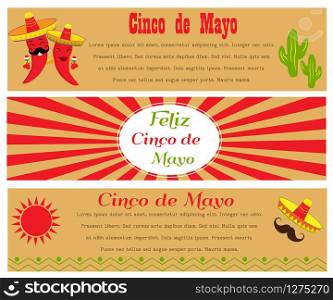 Banners for Cinco De Mayo. Poster design with available place for holiday celebration at a bar, restaurant or other venue. Three banners for Cinco De Mayo.