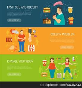 Banners Obesity Concept. Horizontal color banners with information about fastfood obesity problem and health recommendation vector illustration