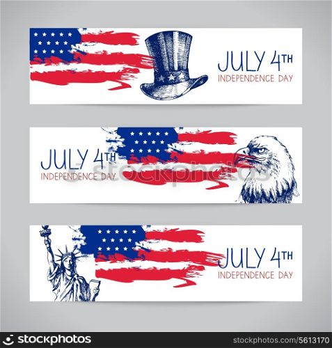 Banners of 4th July backgrounds with American flag. Independence Day hand drawn sketch design