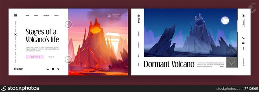 Banners of active and dormant volcanoes. Vector landing pages of volcanic stages with cartoon illustration of mountain with flows of hot lava and smoke and rock with crater at night. Banners of active and dormant volcanoes