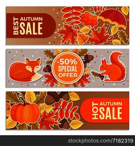 Banners of autumn sales. Autumn leaves, squirrel, fox and acorns vector illustrations for discount horizontal banners design. Autumn discount banner, price offer promotion. Banners of autumn sales. Autumn leaves, squirrel, fox and acorns vector illustrations for discount horizontal banners design