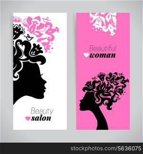 Banners of beautiful women silhouettes with flowers. Beauty salon design. Vector illustration